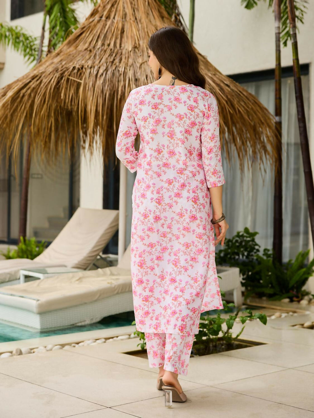 The52 Pink Women's Beautiful Printed Silk Blend Fabric with Straight Kurta, Pant and Dupatta Set | Grocsy