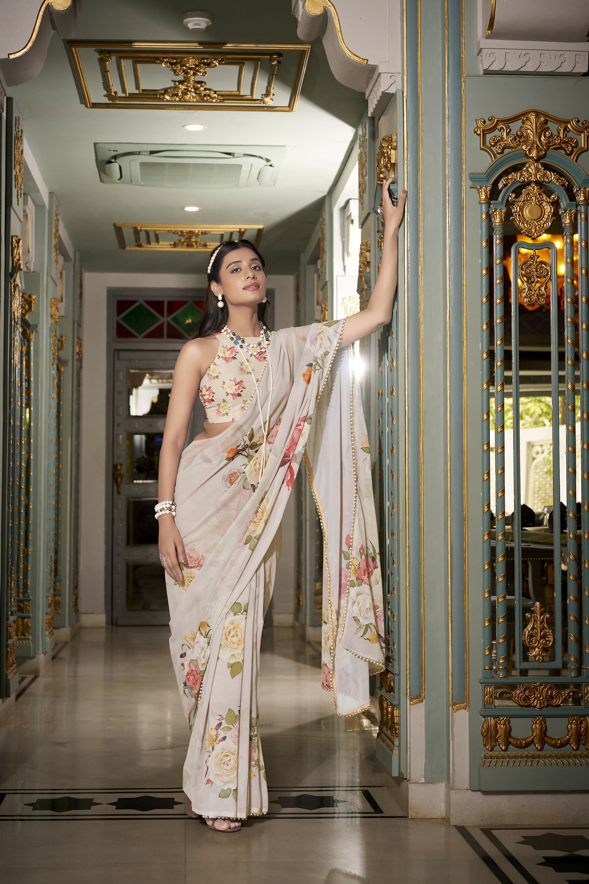 Vastranavya Off White Spectacular Georgette Printed with Pearl Lace Saree with Unstitched Blouse | Grocsy