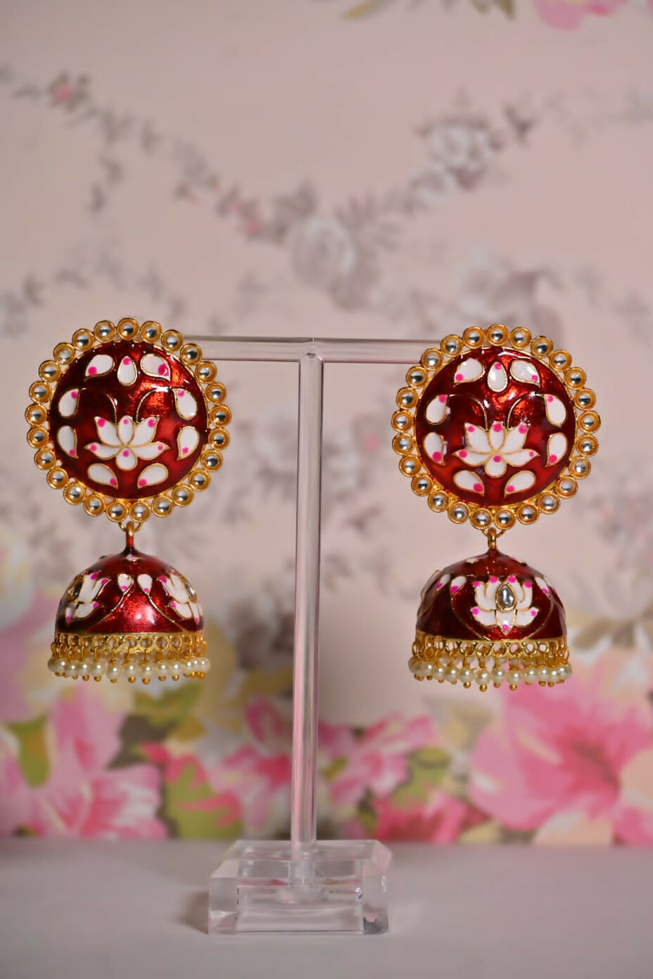 Maroon Round Shape Ethnic Meenakari Jhumki Earrings By House of Ree - Swadesiicart