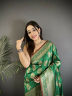 Joban Fashion Green Ethnic Floral Motifs Soft Lichi Silk Banarasi Saree | Grocsy