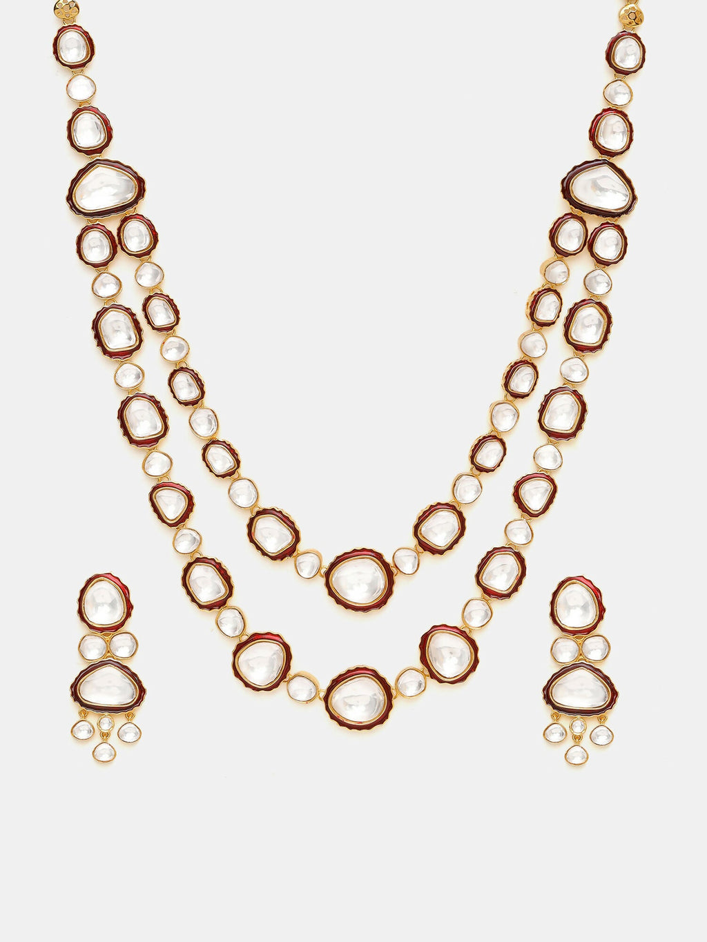 Ruby Raang 22k Gold Polished Red Meenakari Kundan Layered Necklace With Earrings & Maang Tikka | Grocsy