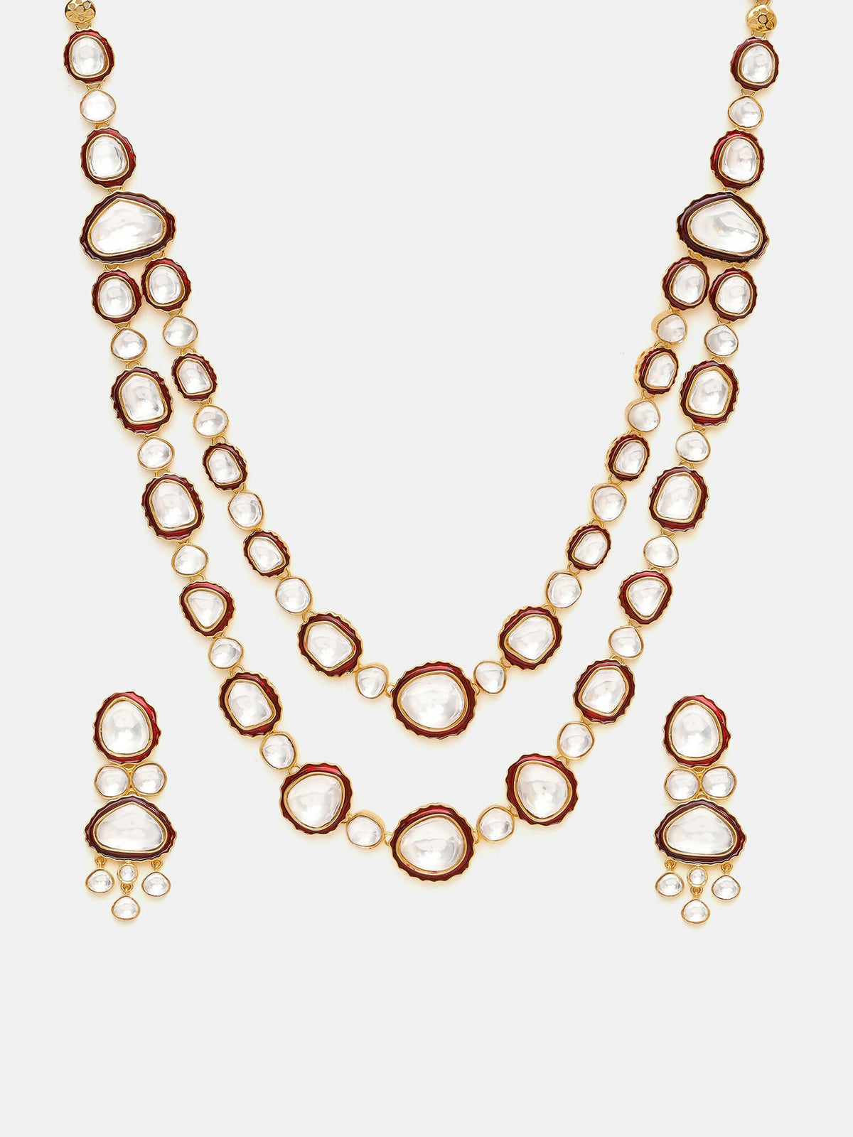 Ruby Raang 22k Gold Polished Red Meenakari Kundan Layered Necklace With Earrings & Maang Tikka | Grocsy