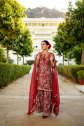 Vaasva Women Maroon Muslin Floral & Embroidered Cut Work Kurta ,Sharara & Dupatta set | Grocsy