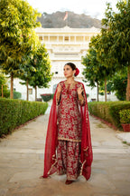 Vaasva Women Maroon Muslin Floral & Embroidered Cut Work Kurta ,Sharara & Dupatta set | Grocsy