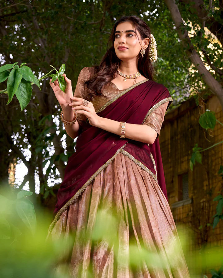 Evanik Traditional Peach Dupion Silk With Zari Weaving Work Lehenga Choli | Grocsy