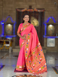 Mameraa Sarees Pink Faux Banarasi Silk Saree With Paithani Rich Weaved Pallu And Blouse-Pink | Grocsy