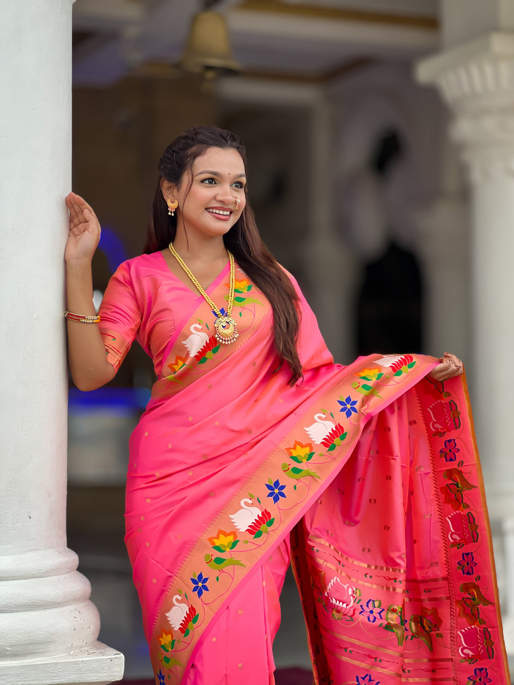 Mameraa Sarees Pink Faux Banarasi Silk Saree With Paithani Rich Weaved Pallu And Blouse-Pink | Grocsy