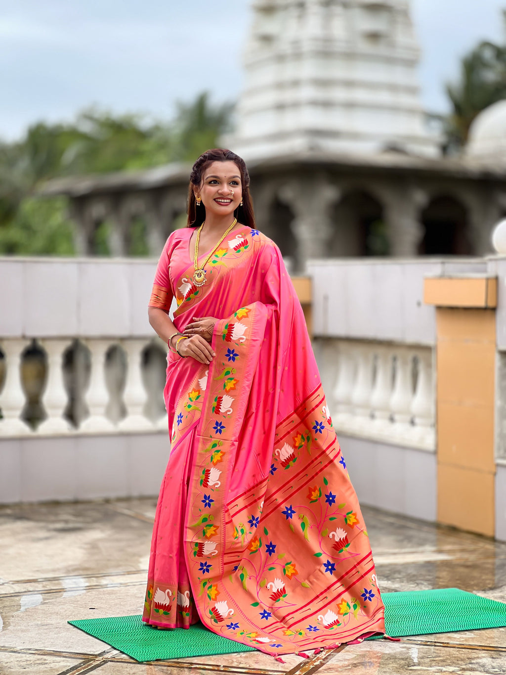 Mameraa Sarees Pink Faux Banarasi Silk Saree With Paithani Rich Weaved Pallu And Blouse-Pink | Grocsy