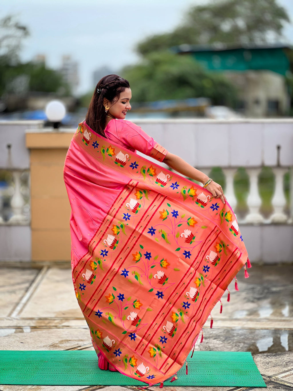 Mameraa Sarees Pink Faux Banarasi Silk Saree With Paithani Rich Weaved Pallu And Blouse-Pink | Grocsy