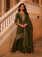 Juniper Women's The Swarn Olive Ethnic Motif Printed Rayon Kurta Pant And Dupatta With Zari Work & Sequins | Grocsy