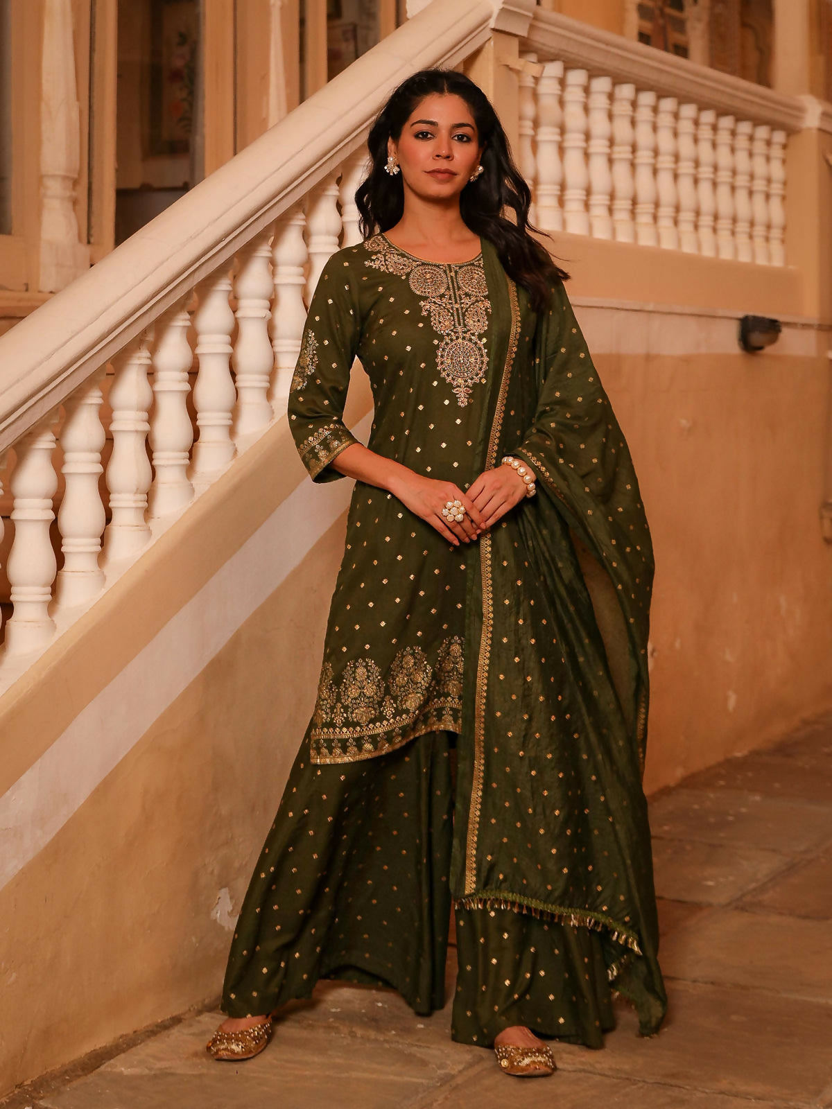 Juniper Women's The Swarn Olive Ethnic Motif Printed Rayon Kurta Pant And Dupatta With Zari Work & Sequins | Grocsy