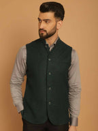 Even Apparels Pure Wool Nehru Jacket - Green | Grocsy