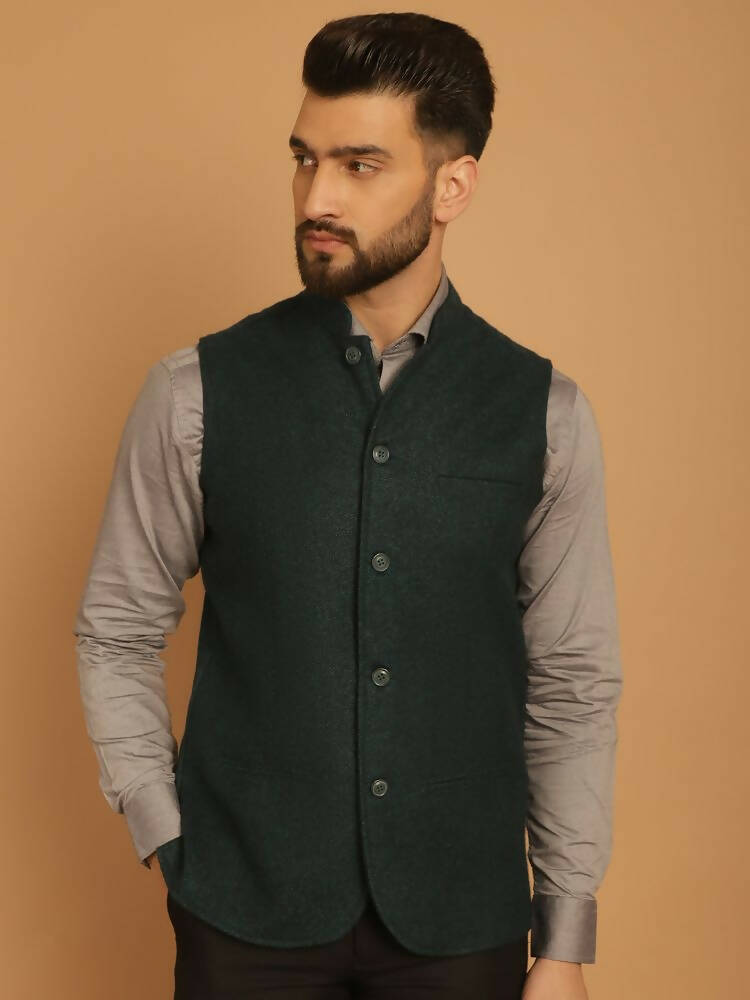 Even Apparels Pure Wool Nehru Jacket - Green | Grocsy