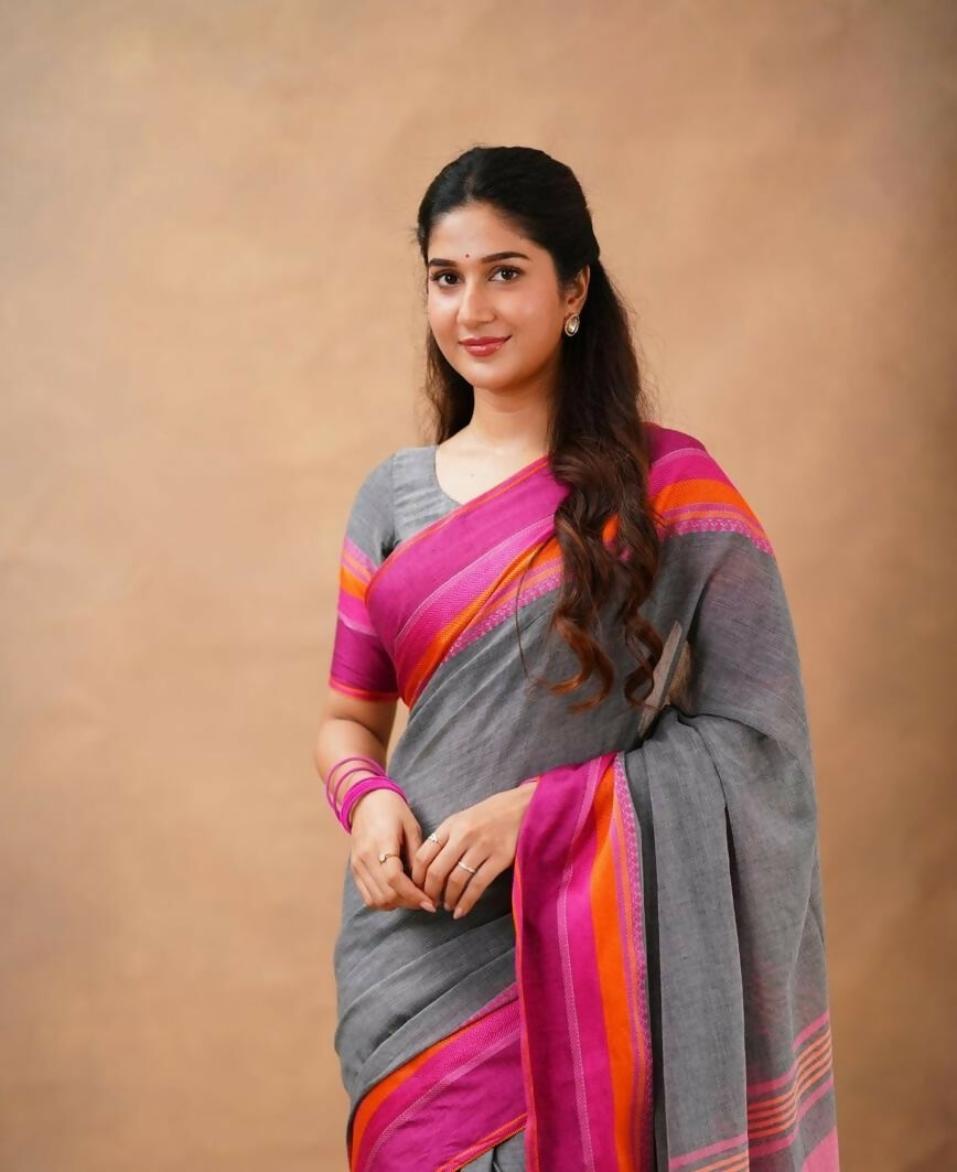 Exclusive Collection Grey Beautiful Khadi Cotton Handloom Saree | Grocsy