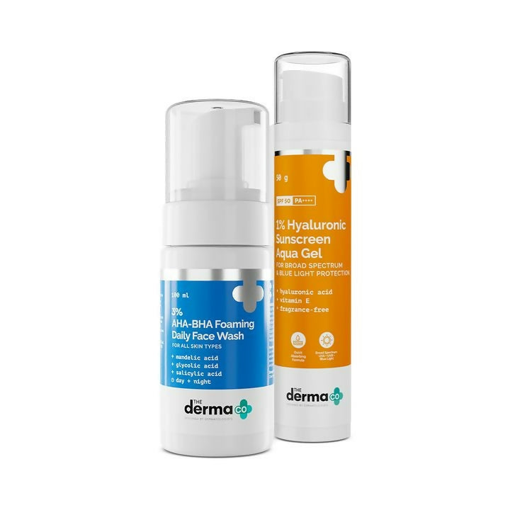 The Derma Co1% Hyaluronic Sunscreen Aqua Gel + 3% AHA+BHA Foaming Daily Face Wash | Grocsy