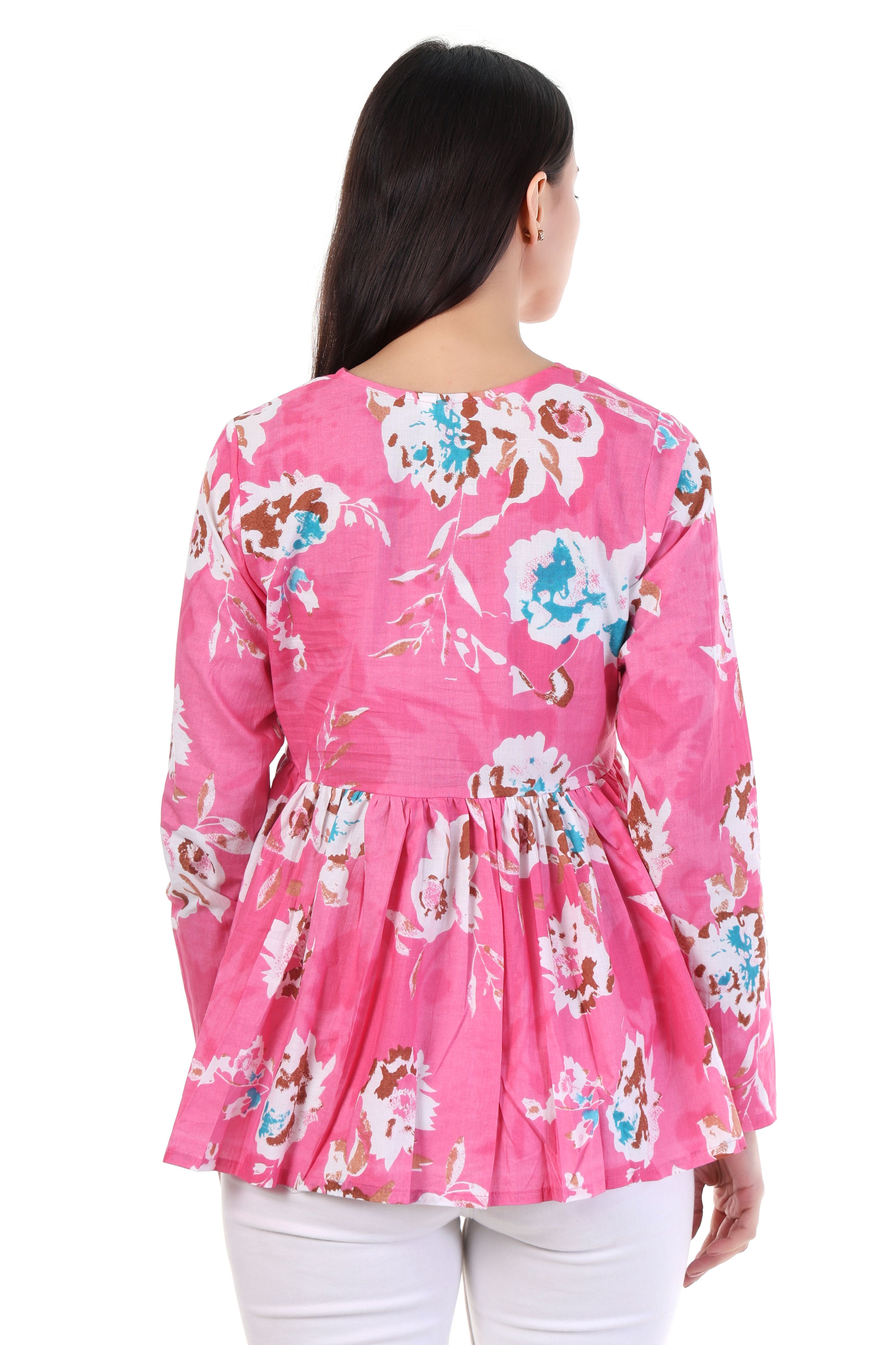Jaitra Apparels Pink Printed Pure Cotton Full Sleeves Peplum Top | Grocsy