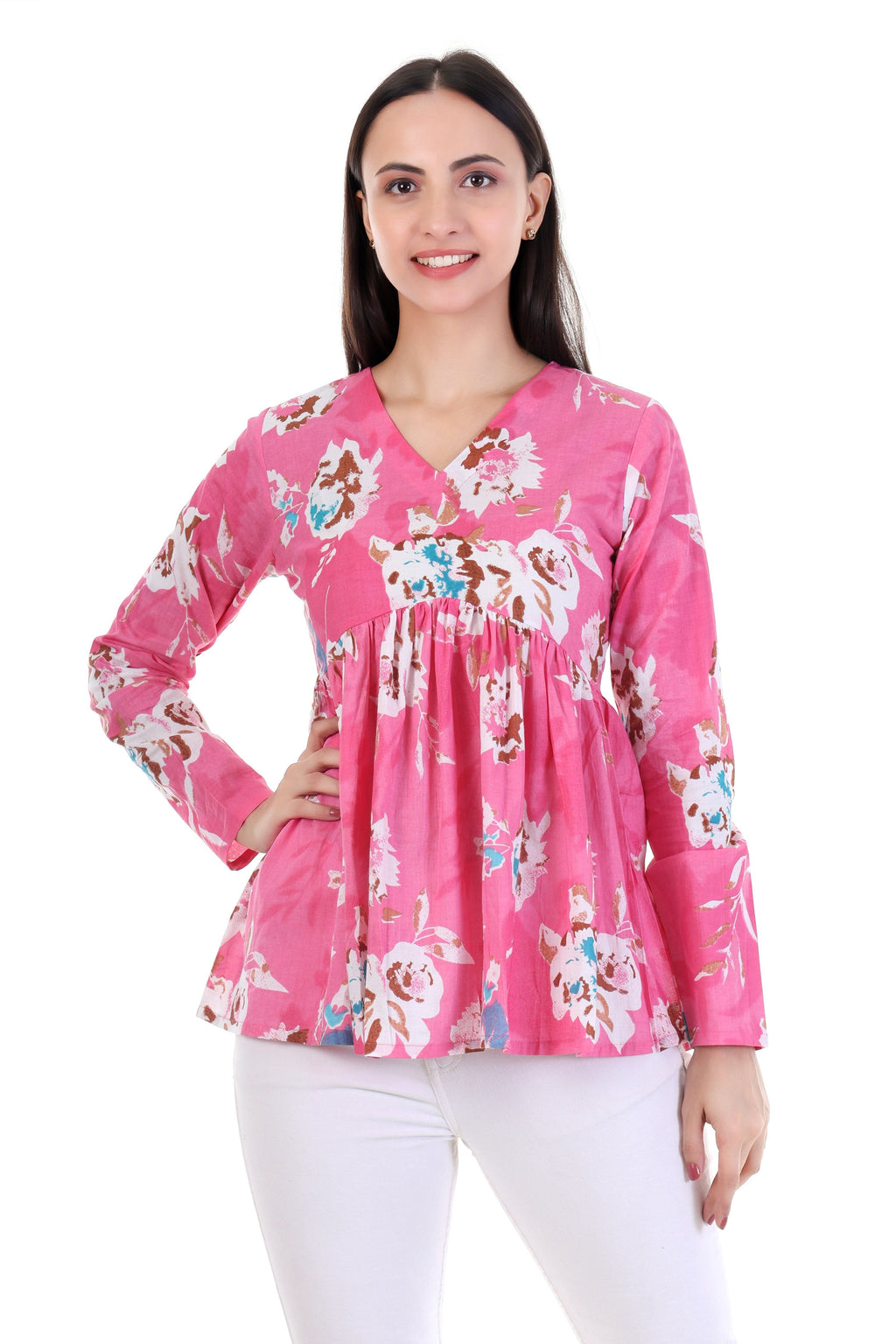 Jaitra Apparels Pink Printed Pure Cotton Full Sleeves Peplum Top | Grocsy