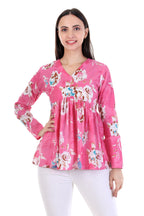 Jaitra Apparels Pink Printed Pure Cotton Full Sleeves Peplum Top | Grocsy