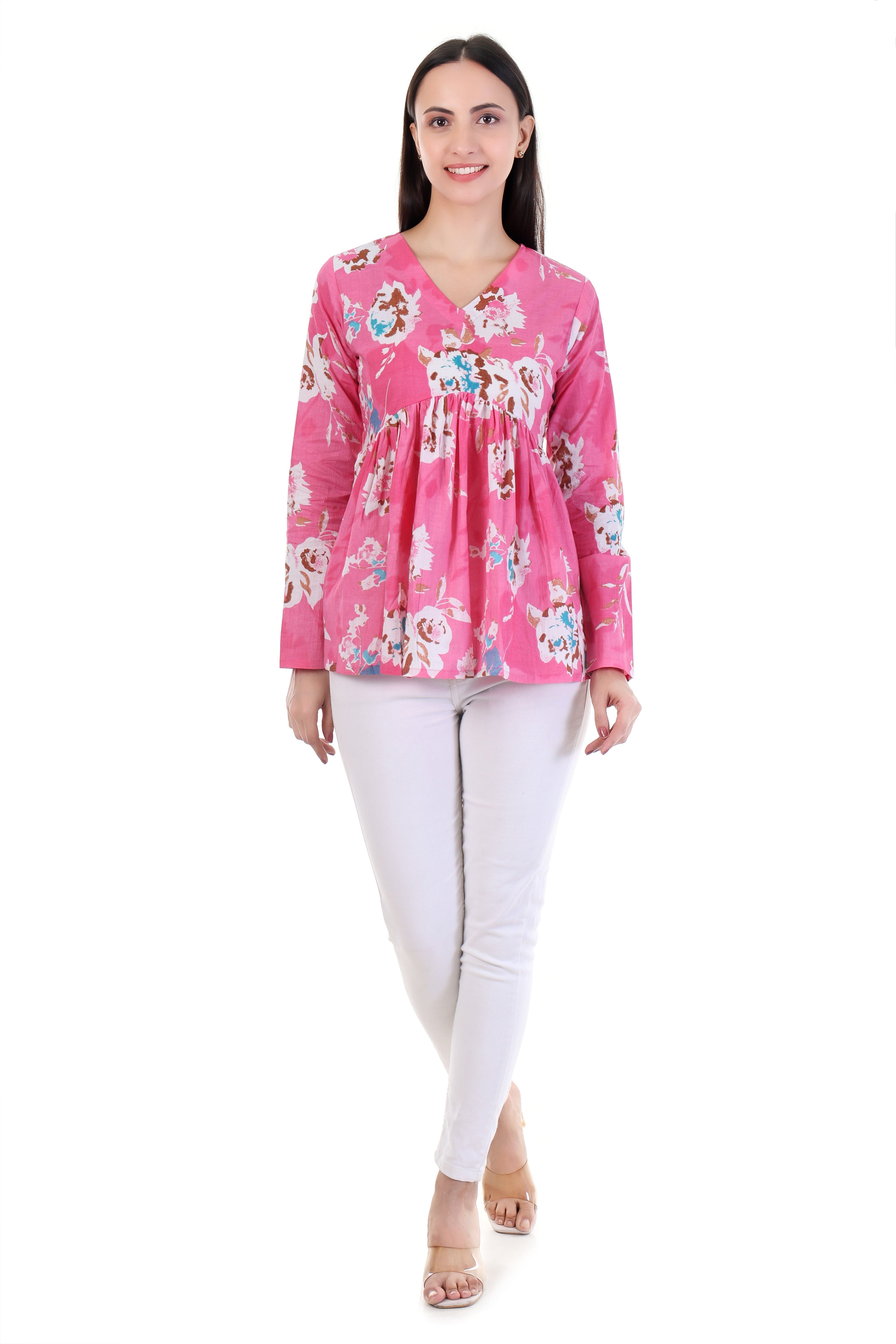 Jaitra Apparels Pink Printed Pure Cotton Full Sleeves Peplum Top | Grocsy