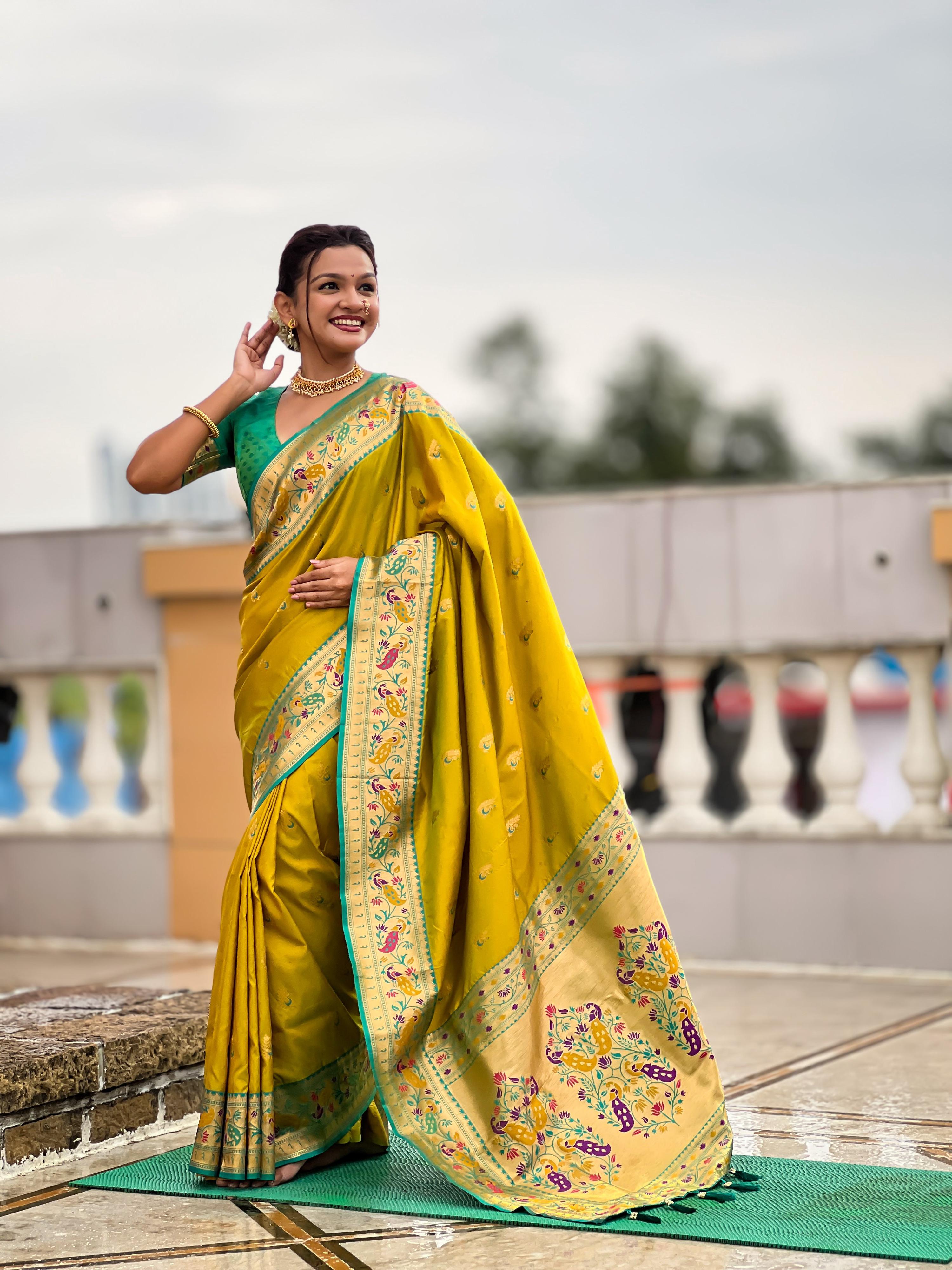 Mameraa Sarees Parrot Green Faux Banarasi Silk Saree With Paithani Rich Weaved Pallu And Blouse-Parrot_Green | Grocsy