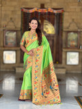 Mameraa Sarees Parrot Green Faux Banarasi Silk Saree With Paithani Rich Weaved Pallu And Blouse-Parrot_Green | Grocsy