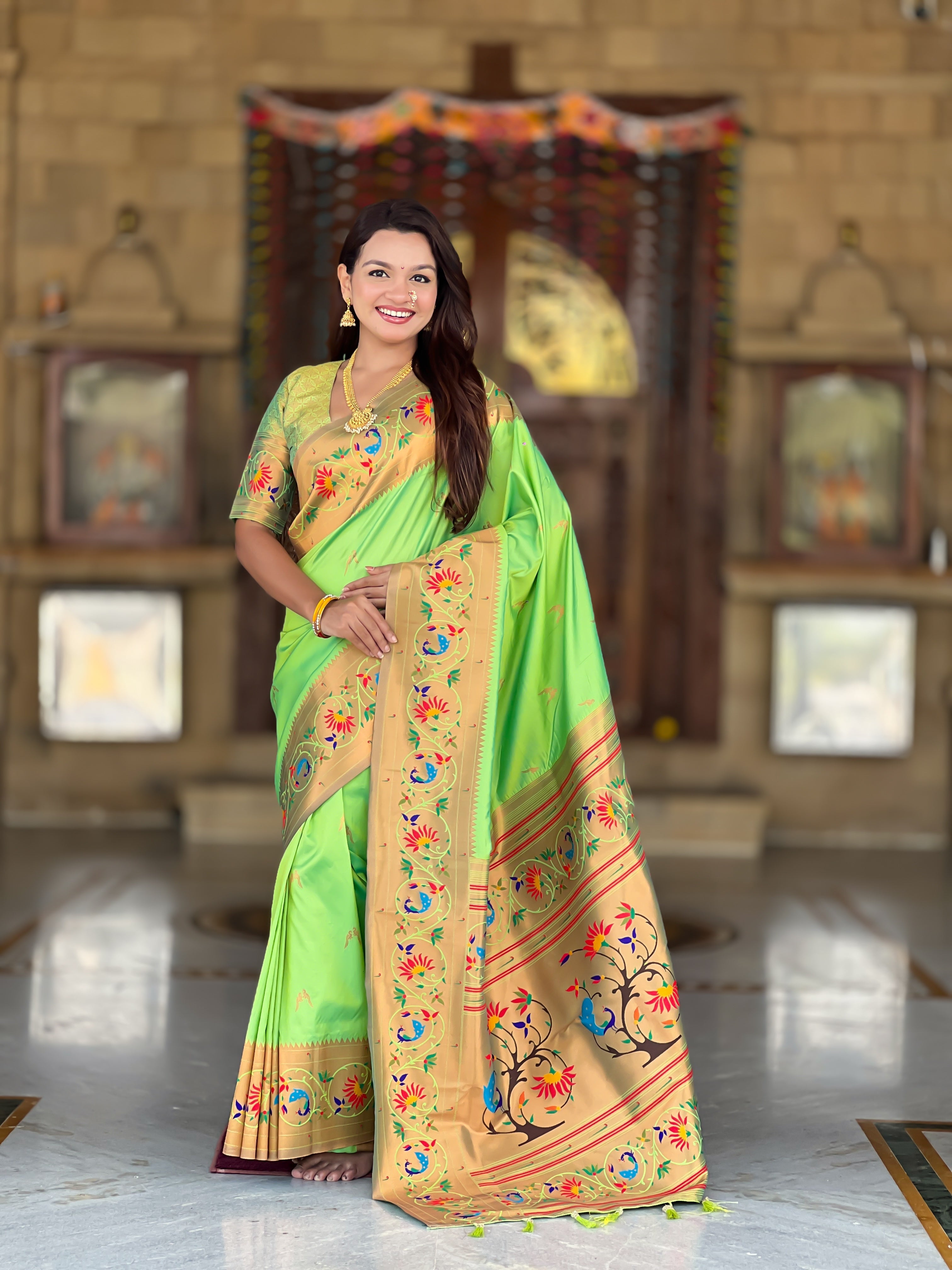 Mameraa Sarees Parrot Green Faux Banarasi Silk Saree With Paithani Rich Weaved Pallu And Blouse-Parrot_Green | Grocsy
