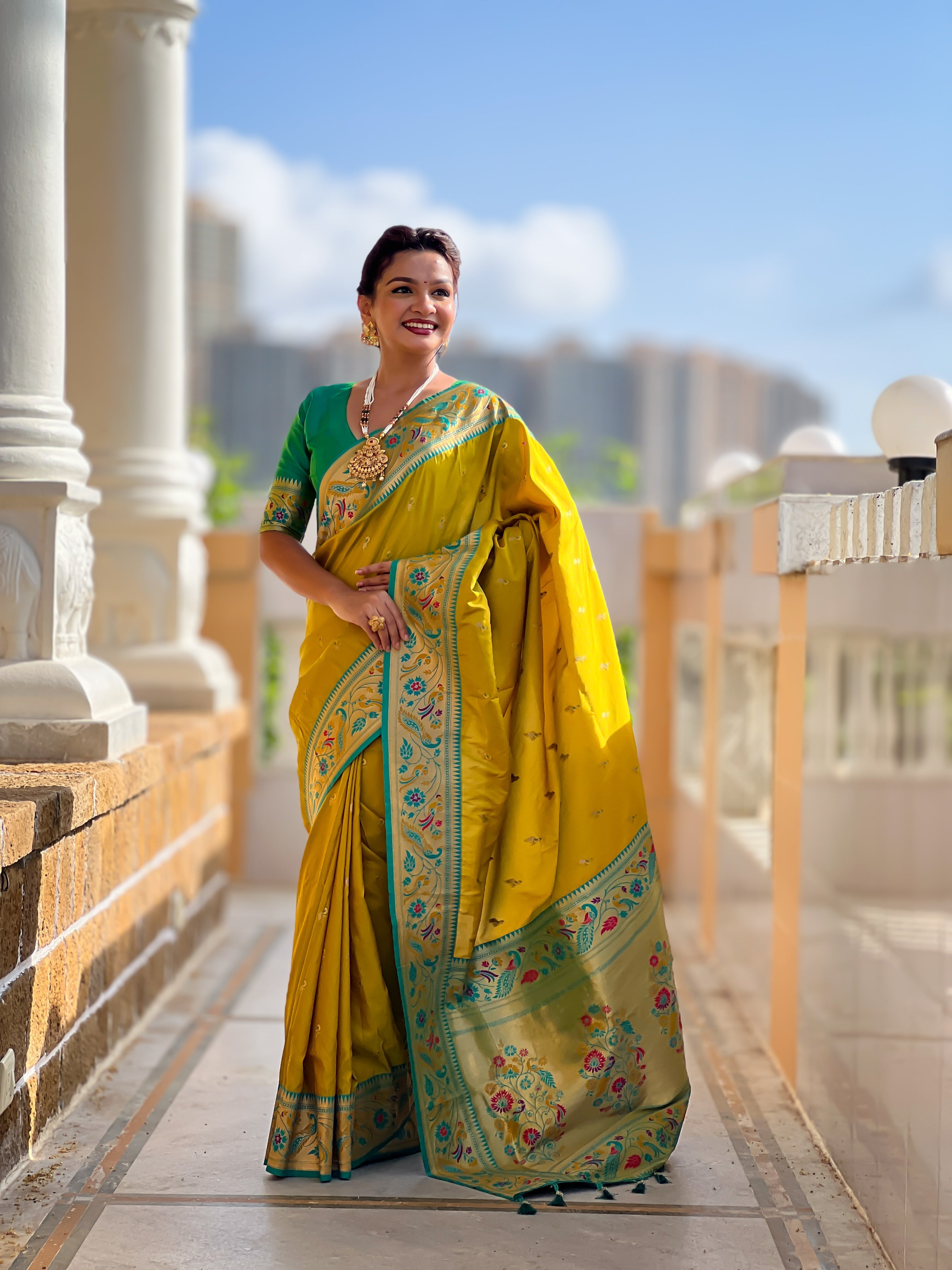 Mameraa Sarees Parrot Green Faux Banarasi Silk Saree With Paithani Rich Weaved Pallu And Blouse-Parrot_Green | Grocsy