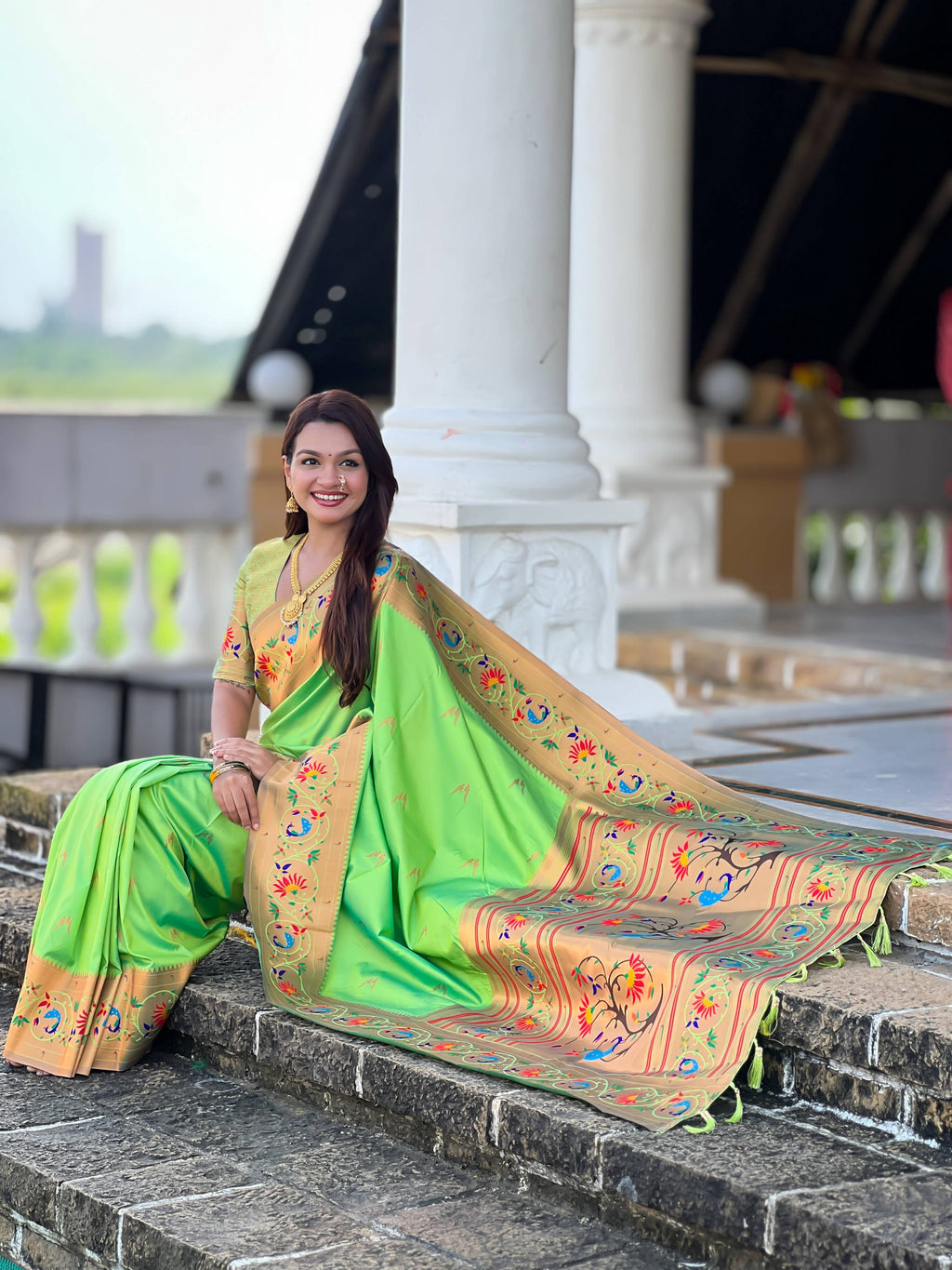 Mameraa Sarees Parrot Green Faux Banarasi Silk Saree With Paithani Rich Weaved Pallu And Blouse-Parrot_Green | Grocsy