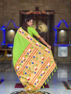 Mameraa Sarees Parrot Green Faux Banarasi Silk Saree With Paithani Rich Weaved Pallu And Blouse-Parrot_Green | Grocsy