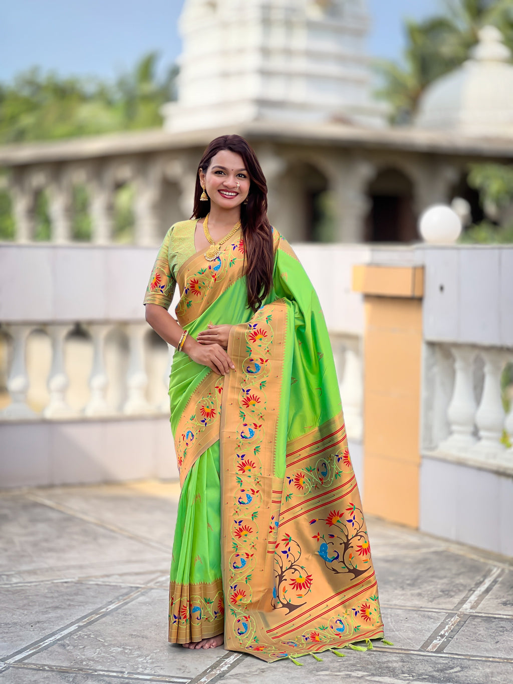 Mameraa Sarees Parrot Green Faux Banarasi Silk Saree With Paithani Rich Weaved Pallu And Blouse-Parrot_Green | Grocsy