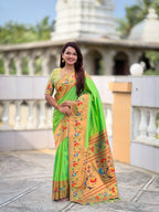 Mameraa Sarees Parrot Green Faux Banarasi Silk Saree With Paithani Rich Weaved Pallu And Blouse-Parrot_Green | Grocsy