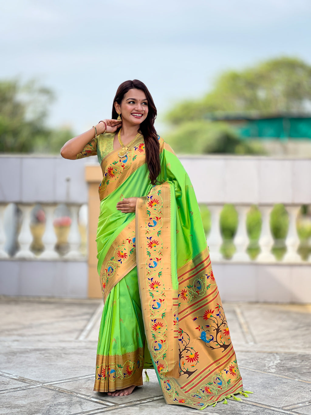 Mameraa Sarees Parrot Green Faux Banarasi Silk Saree With Paithani Rich Weaved Pallu And Blouse-Parrot_Green | Grocsy