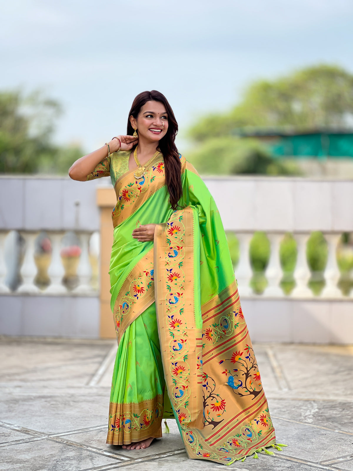 Mameraa Sarees Parrot Green Faux Banarasi Silk Saree With Paithani Rich Weaved Pallu And Blouse-Parrot_Green | Grocsy