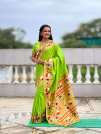 Mameraa Sarees Parrot Green Faux Banarasi Silk Saree With Paithani Rich Weaved Pallu And Blouse-Parrot_Green | Grocsy