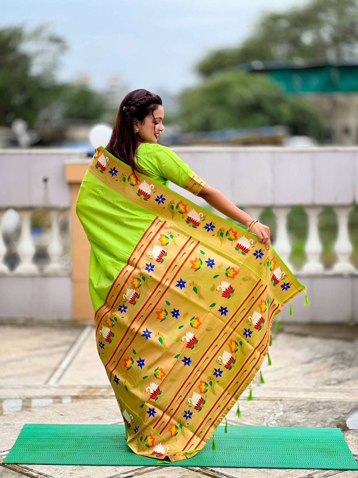 Mameraa Sarees Parrot Green Faux Banarasi Silk Saree With Paithani Rich Weaved Pallu And Blouse-Parrot_Green | Grocsy