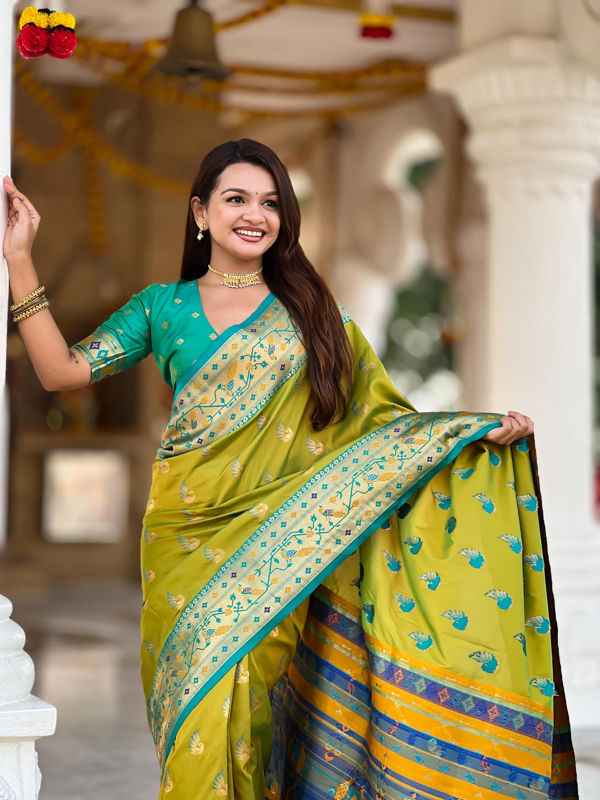 Mameraa Sarees Lemon Yellow Faux Banarasi Silk Saree With Paithani Rich Weaved Pallu And Blouse-Lemon | Grocsy