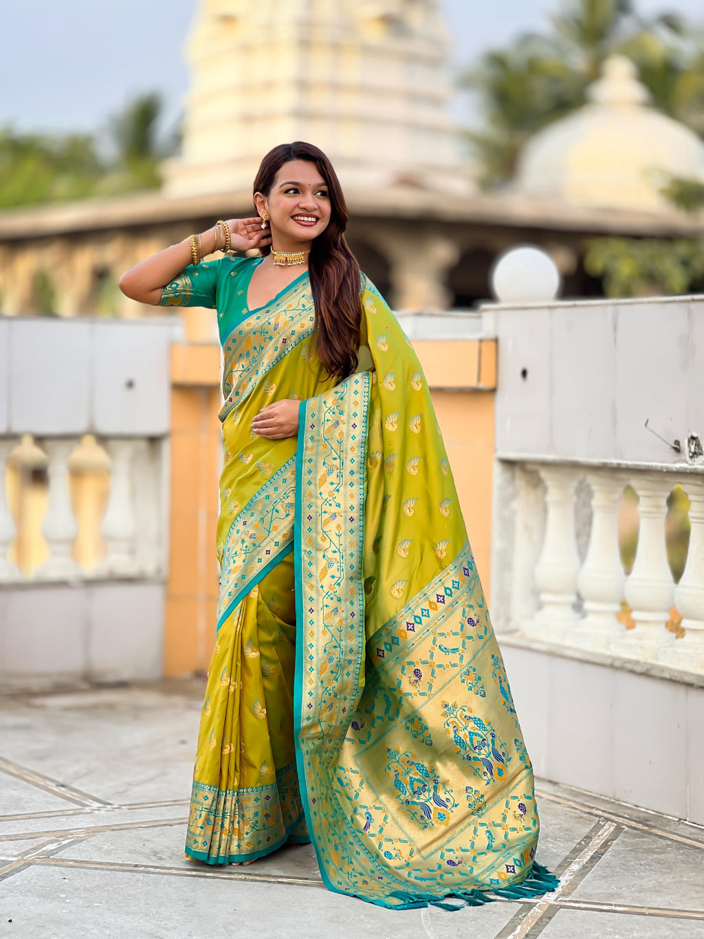 Mameraa Sarees Lemon Yellow Faux Banarasi Silk Saree With Paithani Rich Weaved Pallu And Blouse-Lemon | Grocsy