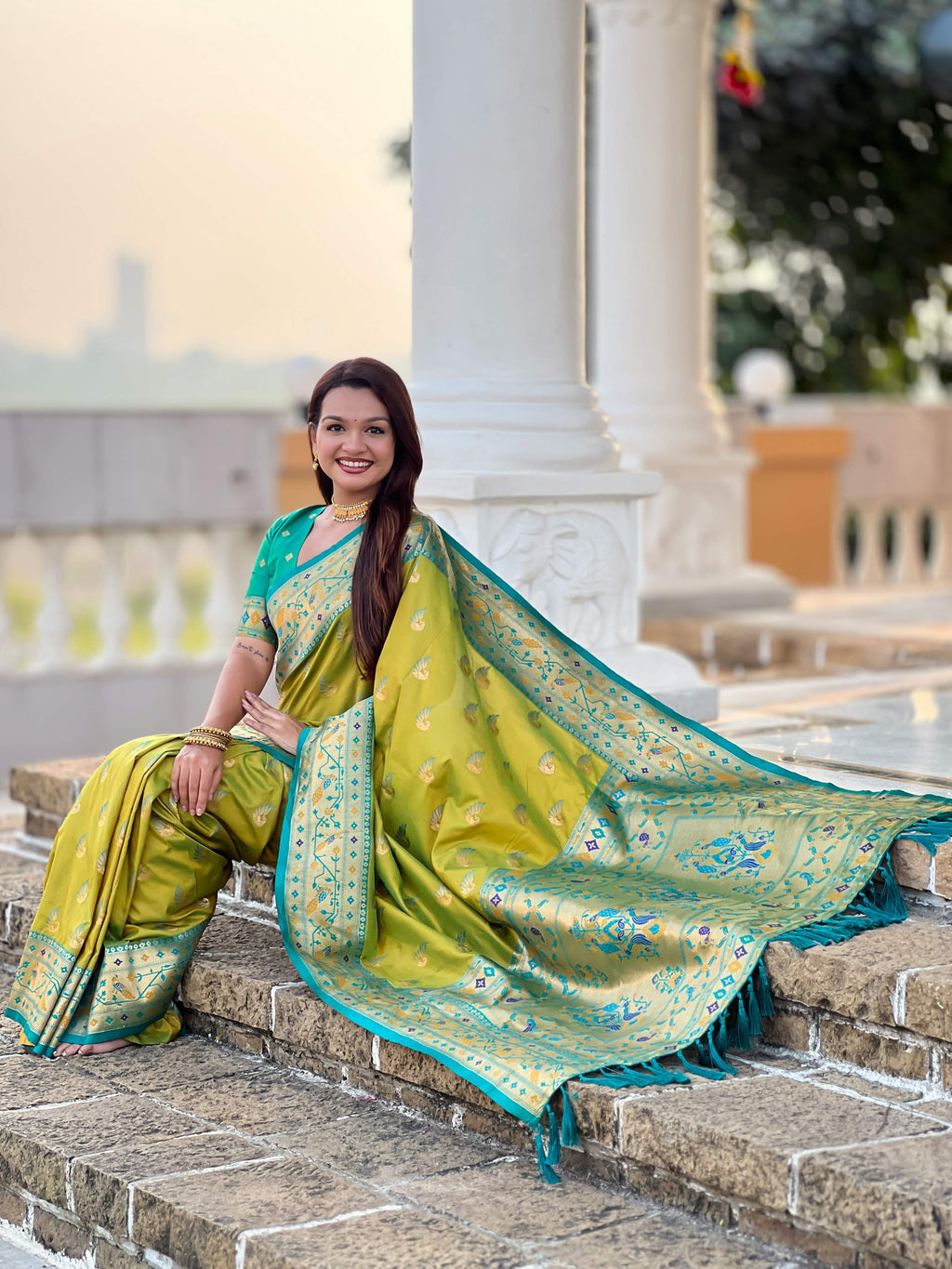 Mameraa Sarees Lemon Yellow Faux Banarasi Silk Saree With Paithani Rich Weaved Pallu And Blouse-Lemon | Grocsy