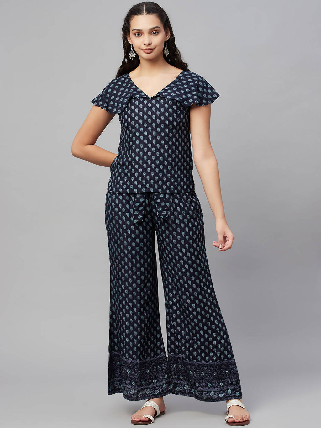 Myshka Women Blue Printed Top Palazzo Set | Grocsy