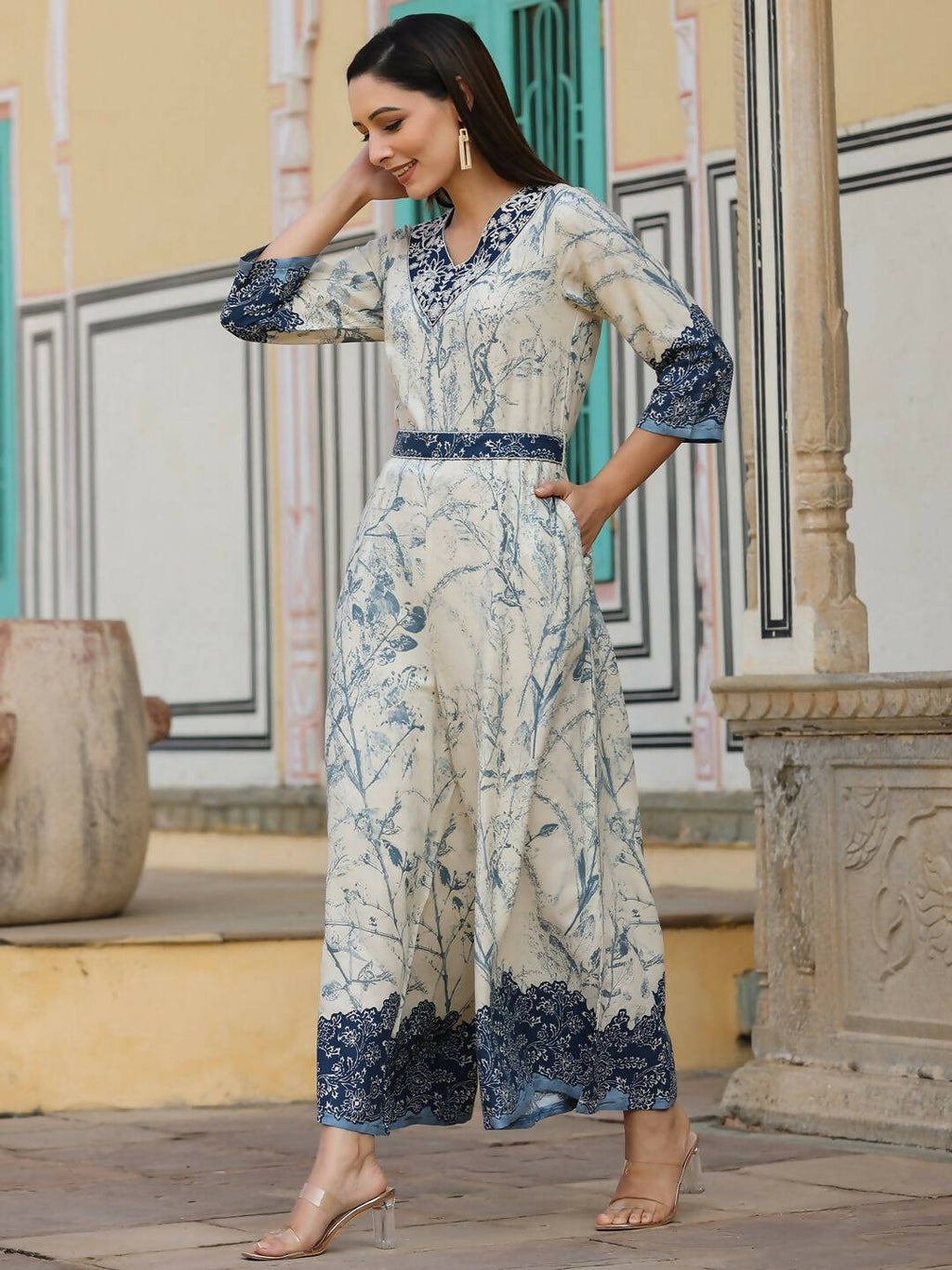 Juniper Women's Offwhite Rayon Staple Printed With Embroidery Straight Jumpsuit | Grocsy