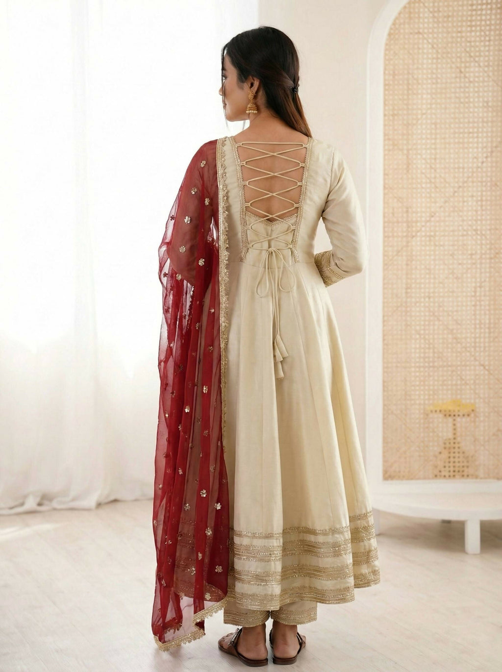 Teeya Creation Cream Cosmos Gold Lace Work Party Wear Gown | Grocsy