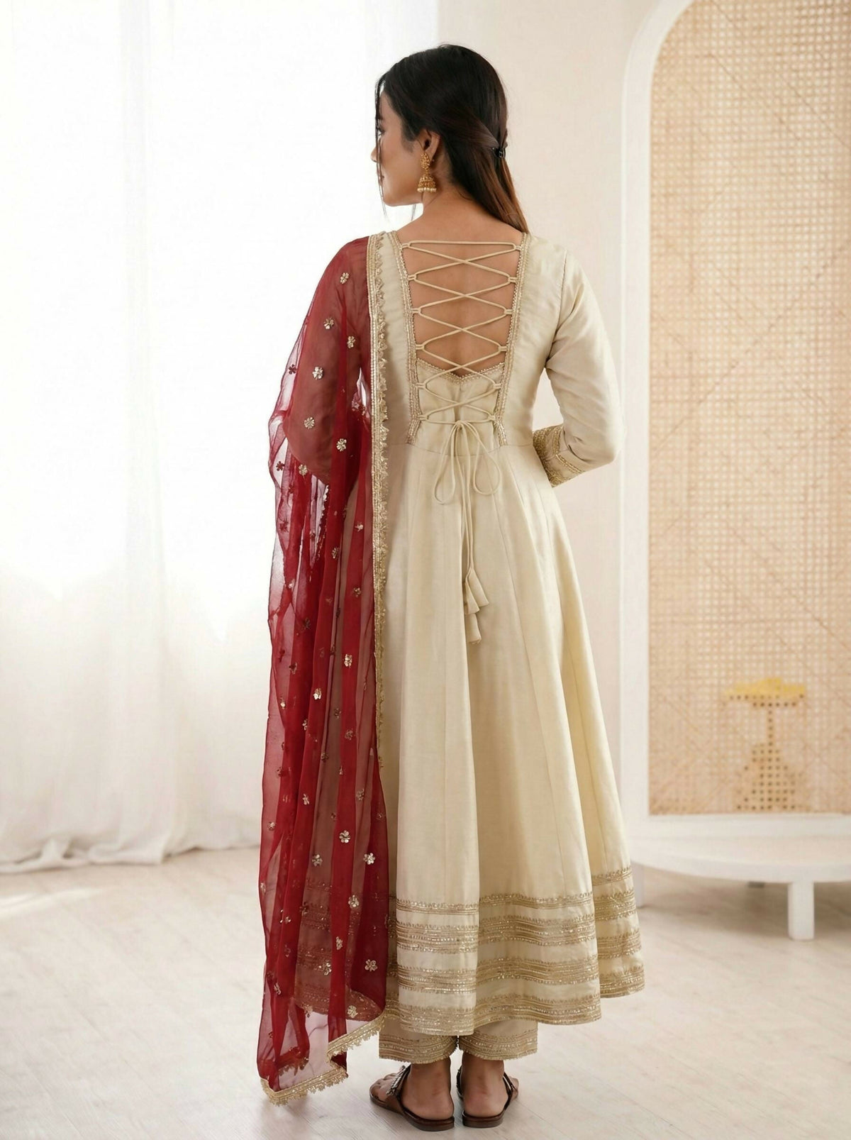 Teeya Creation Cream Cosmos Gold Lace Work Party Wear Gown | Grocsy