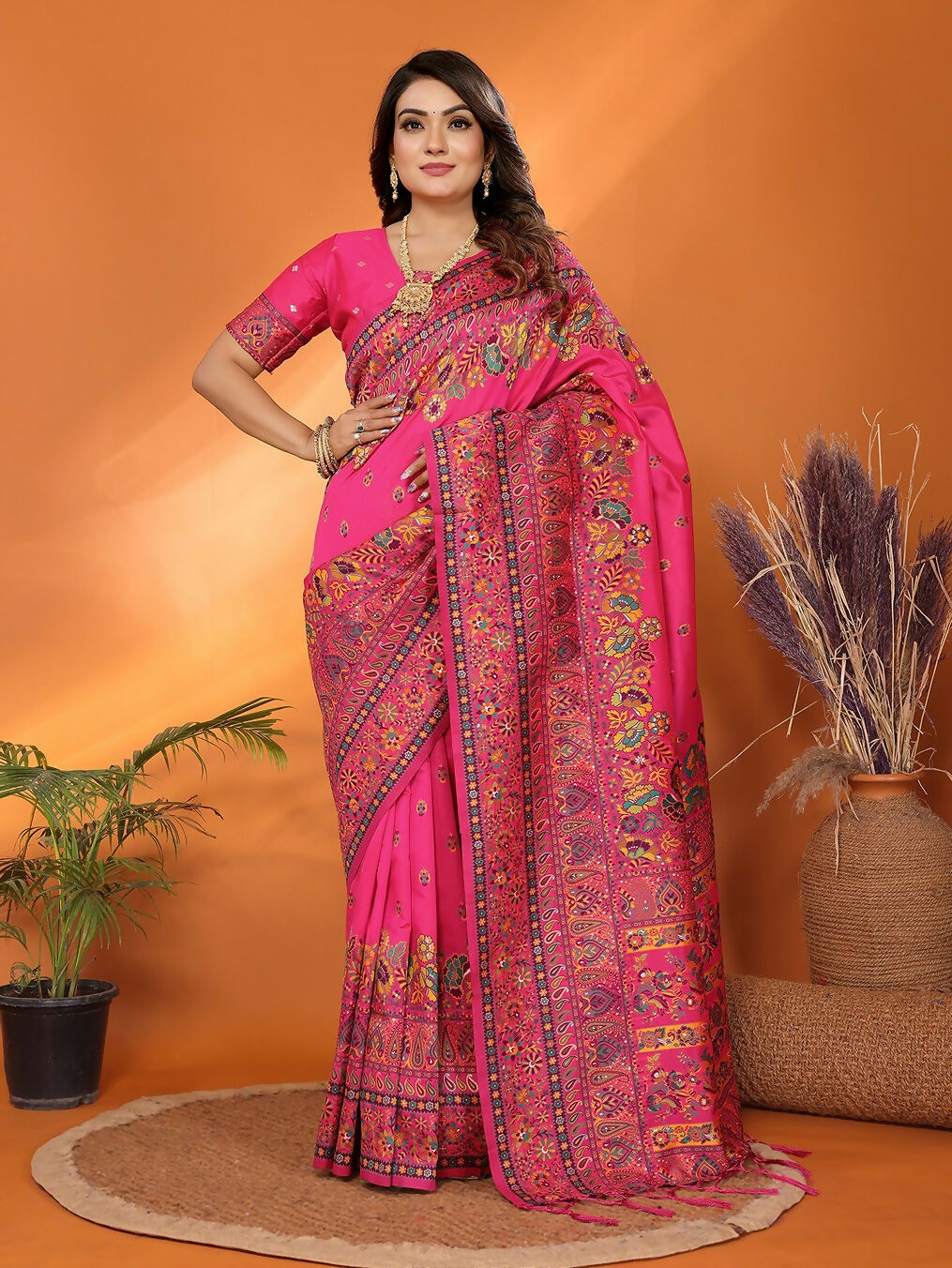 Joban Fashion Rani Pink Meena Weaves Pashmina Sarees | Grocsy