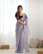 Attrctive Looking Gold Jari, Sequance Embroidery Work Twill Net Party Wear Saree - Lavender | Grocsy