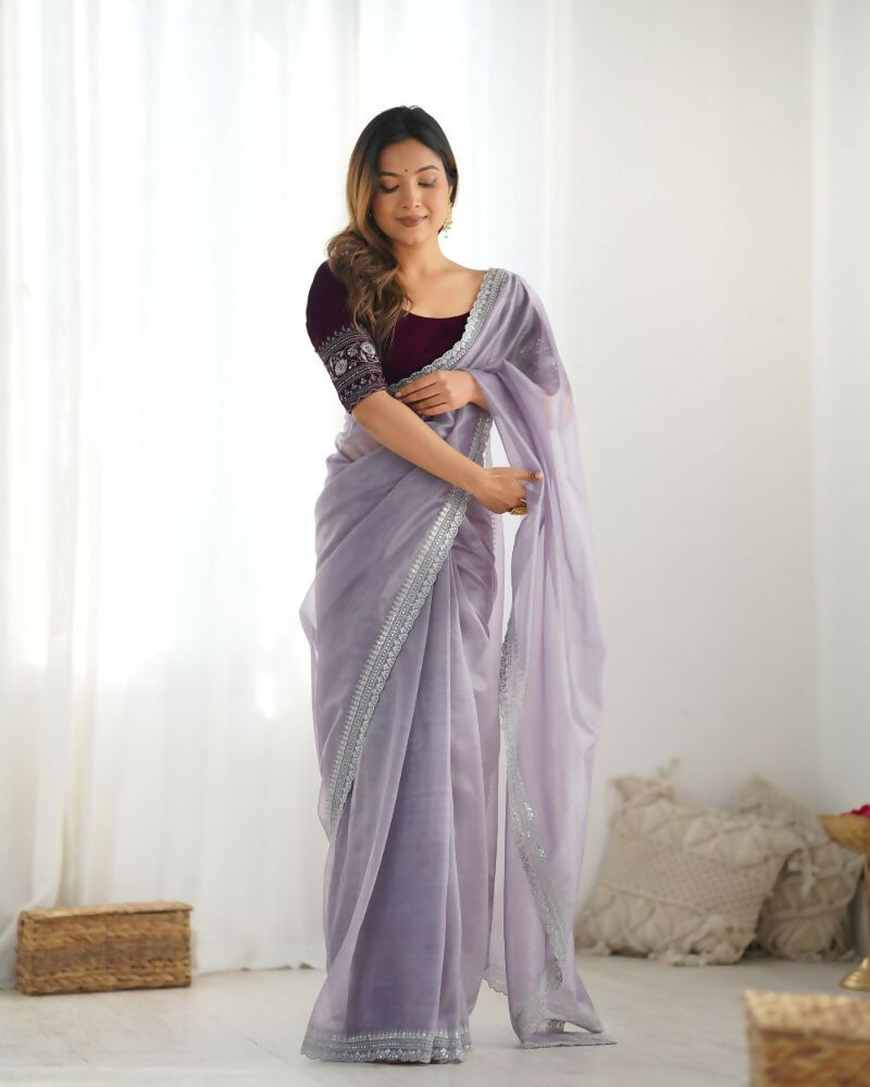 Attrctive Looking Gold Jari, Sequance Embroidery Work Twill Net Party Wear Saree - Lavender | Grocsy