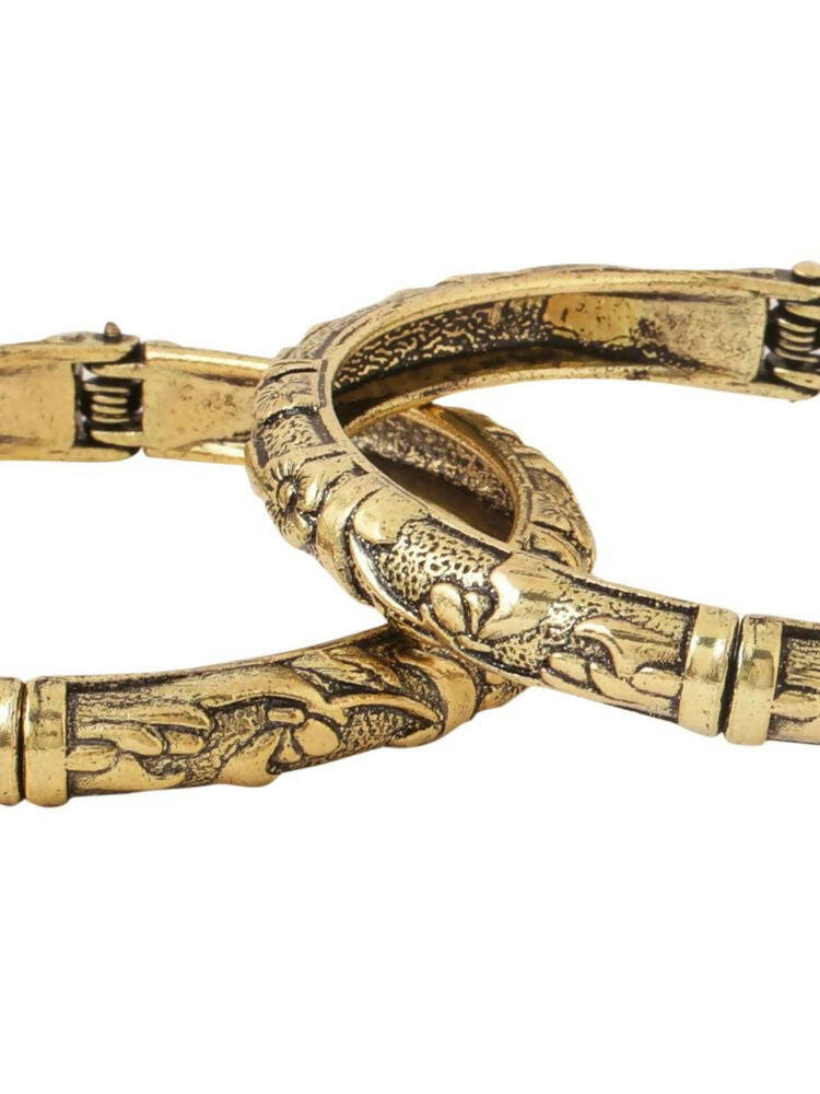 NVR Women Set of 2 Gold-Polished Floral Design Oxidised Bangles