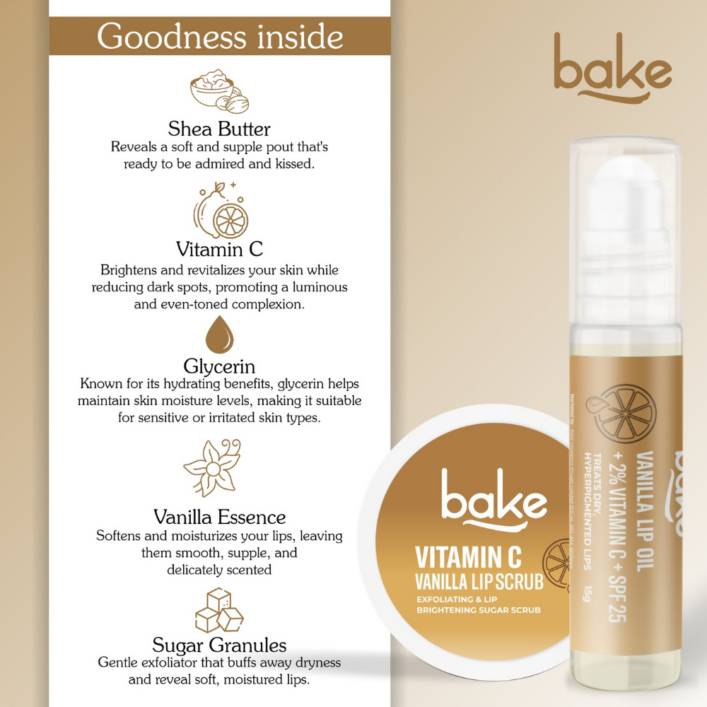Bake Vitamin C Vanilla Lip Kit With Lip Balm SPF 25 & Lip Scrub For Dark & Pigmented Lips | Grocsy