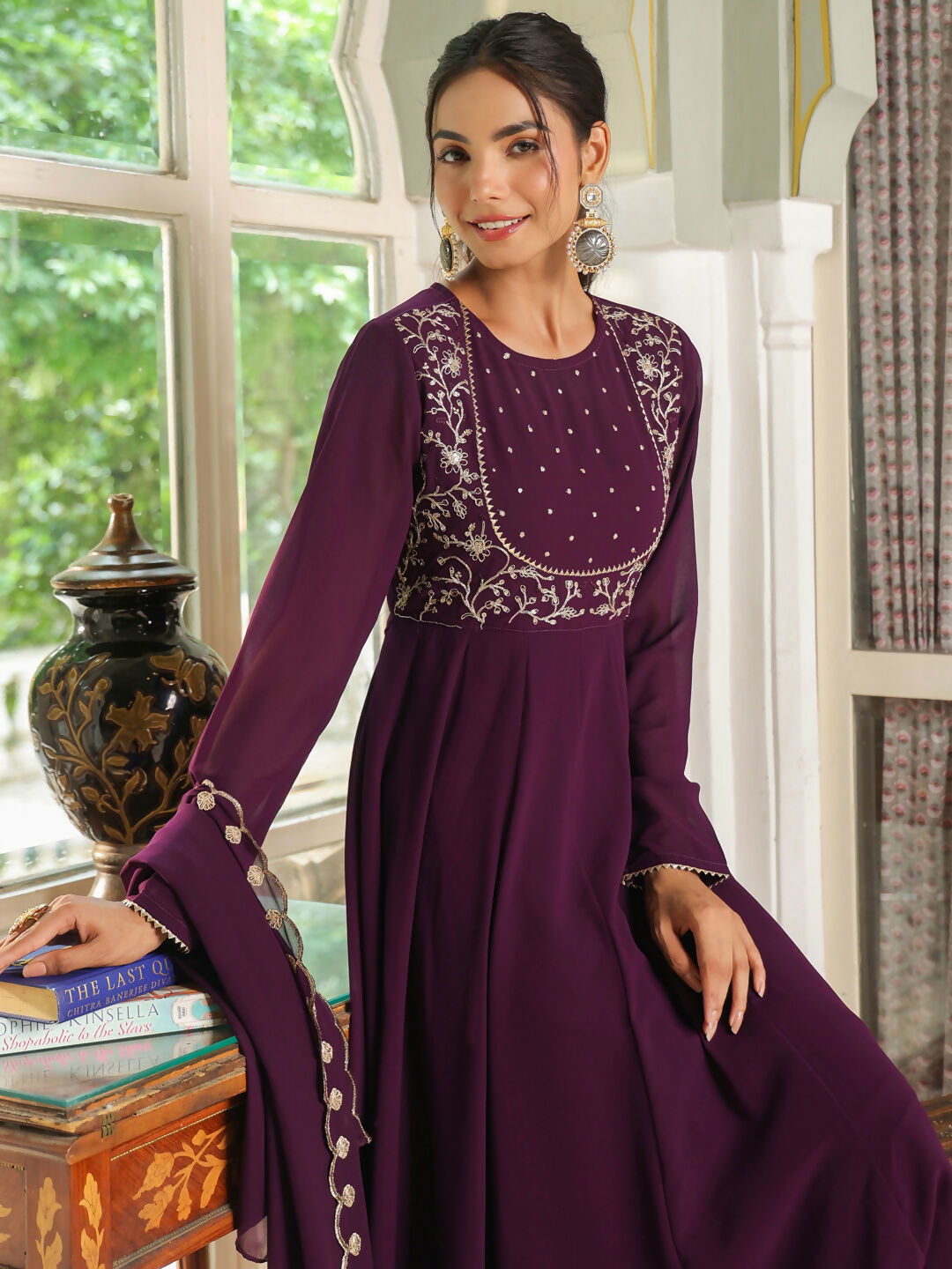 Janasya Purple Georgette Embroidered Kurta,Bottom & Dupatta | Grocsy