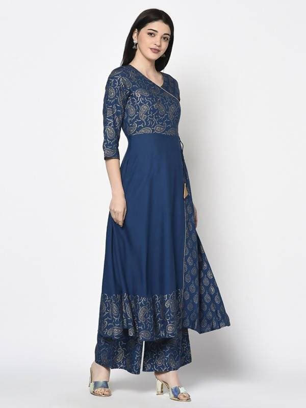 Indian Clothing Aniyah Rayon Blue Color Foil Print Angrakha Anarkali Kurta (AN-208K) | Grocsy