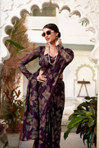 Vastranavya Wine Lurex Brasso Floral Printed Saree with Unstitched Blouse | Grocsy
